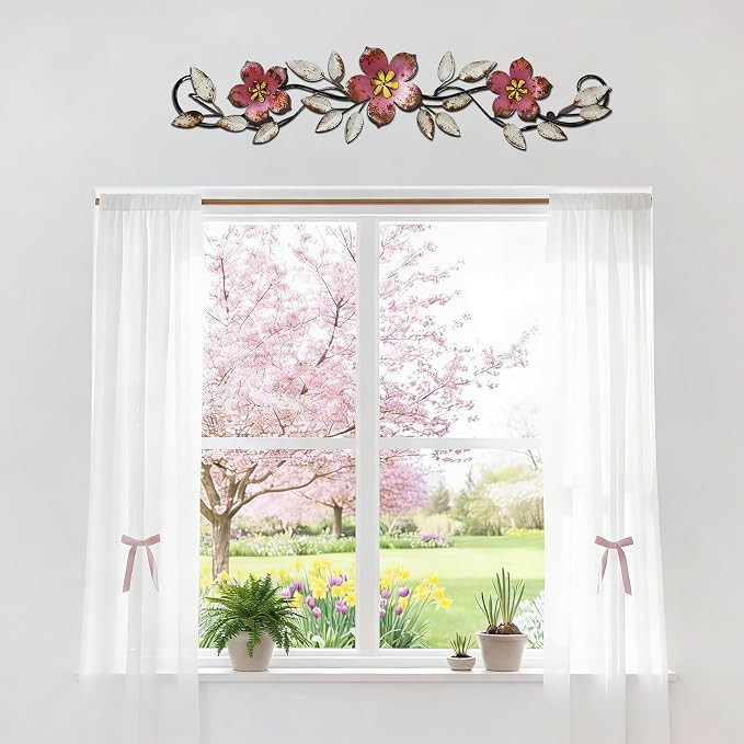 Wesiti Metal Flower Wall Decor Wrought Iron Scroll 15.7x3.7,Pink | Vintage Metal Flower decor,Farmhouse Leaf Art with Nails, Flat Not 3D Design, For Bedroom Kitchen Indoor Outdoor Wall Decor - Image 6
