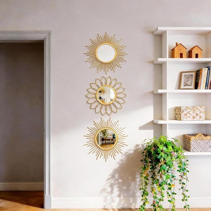 Boho Sunburst Wall Mirror Set of 3, 12 Inch Round Antique & Modern Metal Wall Art, Hanging Over The Door Mirrors for Wall Decor in Living Room, Bedroom, Bathroom, Entryway（Gold） - Image 5