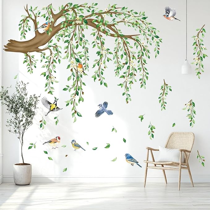 Large Tree Sticker Green Hanging Plants Wall Sticker Birds Flower Branches Wall Art Decals Wall Murals Peel and Stick Nature for Living Room Bedroom TV Wall by BWLuonan