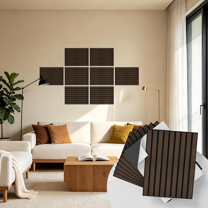 WADILE 8 Pack Self Adhesive Acoustic Wall Panels in Wood Look 11.8"x15.7" | Soundproofing PVC Slats on Felt, Decorative Wall Panels for Living Room & Bedroom Accent Wall - Image 8
