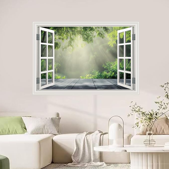 Fake Window Poster Wall Decal - Morning Green Forest Faux Window Wall Mural Prints for Wall Decor, Peel and Stick Wall Sticker 48" x 32" Set of 2 Sheets - Image 4