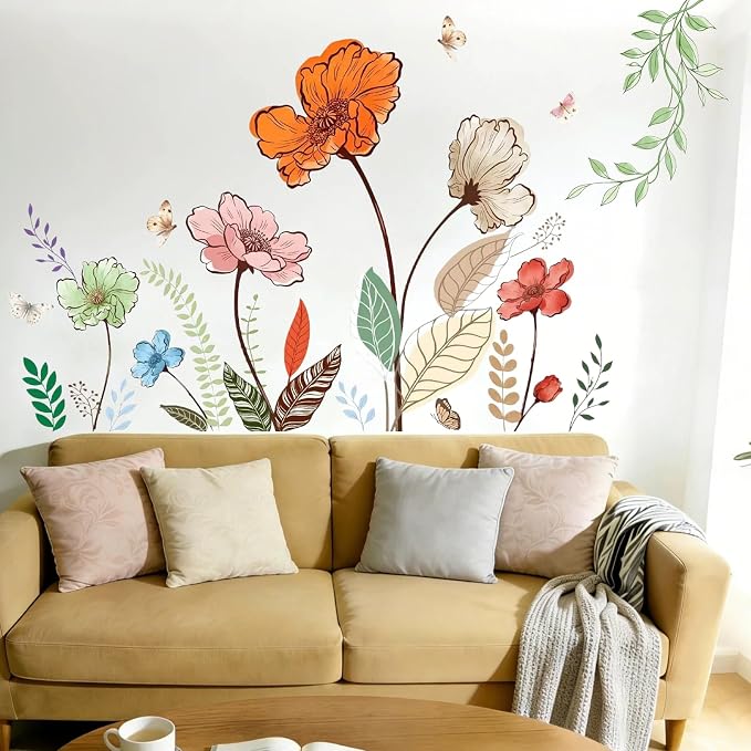 Flower Wall Decals Large Boho Wall Stickers - Wildflower Floral Spring Wall Art Decals Wall Decor Peel and Stick for Living Room Bedroom TV Wall - Image 9