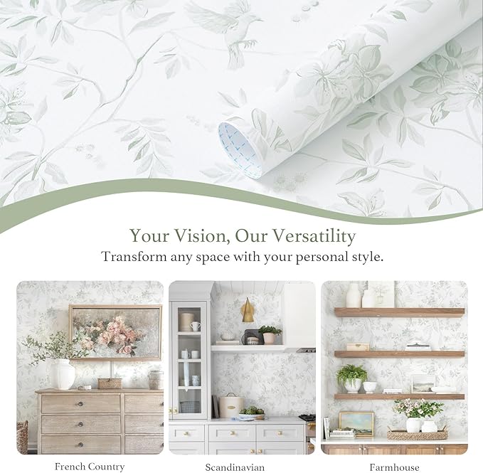 Dimoon 17.3''x78.7'' Green Peel and Stick Wallpaper Floral Modern Sage Light Green Contact Paper White Bird Wallpaper Removable Renter Friendly Waterproof Embossed Kitchen Bedroom Bathroom Vinyl Roll - Image 3