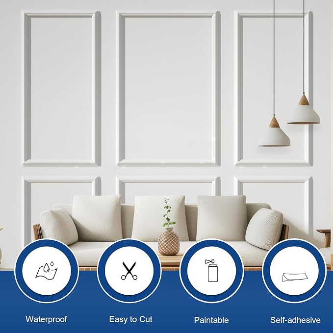 NeatiEase Peel and Stick Wall Molding Kit 6-Frame Pre-Made, Ready-to-Assemble Wall Moulding Panel Frame, Self-Adhesive Wainscoting Panels Wall Trim for Interior Walls Home Decor (50"x40",50"x20") - Image 3