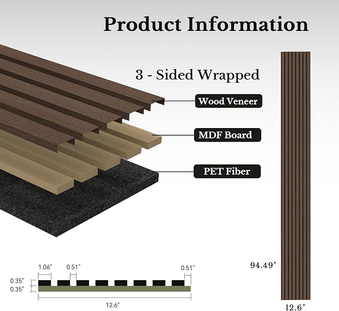 MISSDAY Wood Slat Acoustic Wall Panels, 4 Packs 94.5" x 12.6" Dark Walnut Soundproof Panel For Interior Wall Decor Noise Absorbing-3D Textured Wooden Panel Sound-Absorbing for Home, Office, Studio - Image 6