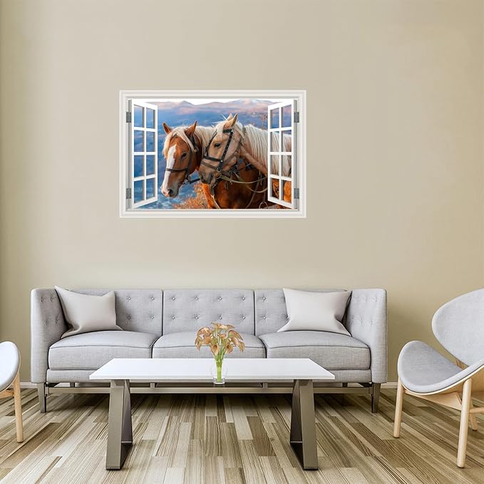 Fake Window Wall Mural -Horse Faux Window Poster Wall Art Decor, Stick and Peel Wallpaper Natural Scenery Decol Horse Ranch Farm Animals Scene （48"x32",Set of 2 Sheets） - Image 4
