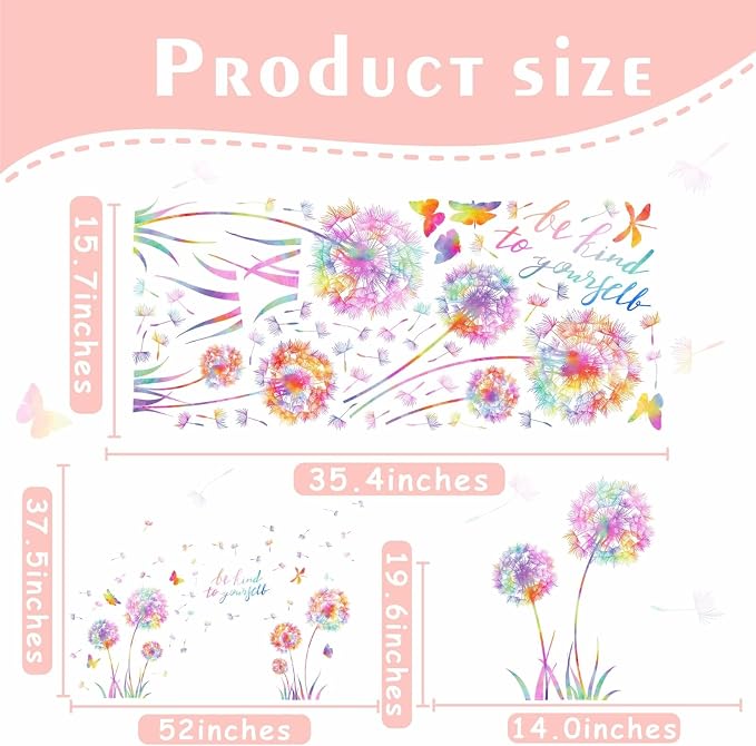 Large Dandelion Wall Decals Colorful Flower Art Stickers Peel and Sticks | wall stickers, floral dragonfly butterfly decor, removable vinyl, inspirational quotes, for kids girl bedroom living room - Image 5