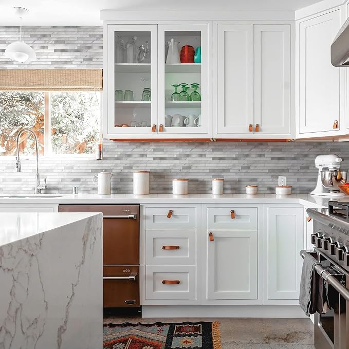 KASARO Peel and Stick Marble Backsplash Tile, 10 Sheets, White Marble with Silver Embellished Stripes, Self-Adhesive Wall Tile for Kitchen, Bathroom, Fireplace, RV (11.4” x 10.6”) - Image 2