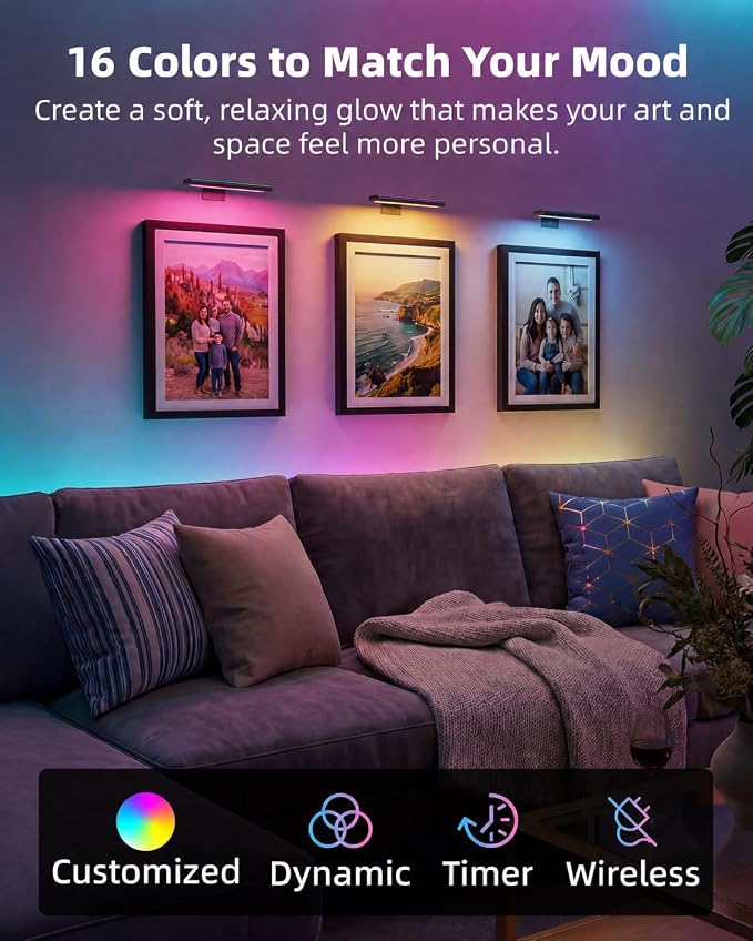 EZVALO RGB Picture Light for Wall, 2400mAh Wireless Rechargeable Color Changing Art Light with Remote, 16 Colors, Dimmable Magnetic LED Display Lights for Painting, Bedroom, Gaming Room (Black-3P) - Image 2