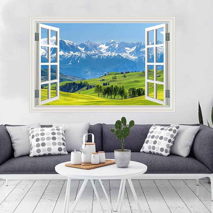 Fake Window Wall Decal- Mountain Forest Green Grassland Open Wall Sticker | Faux Window Natural Scenery Landscape Art Mural｜Stick and Peel Wall Decals｜Room Bedroom Office Scene Picture Decor｜24"x16 - Image 4