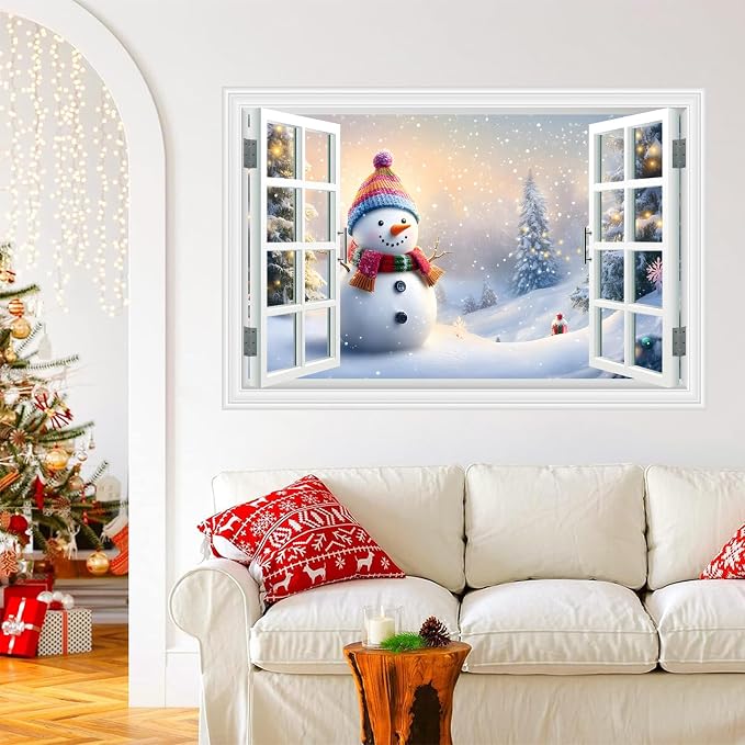 Fake Window Wall Decal - Merry Christmas Snowman Conifer Snow Scene Sticker | ｜Faux Window Merry Christmas Wall Art Mural ｜ Stick and Peel Wall Decals｜for Xmas Room Office Decor｜48"x32",Set of 2 Sheets - Image 6