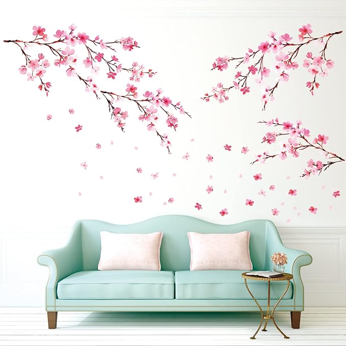 DECOWALL Pink Cherry Blossom Wall Decals Stickers for Home (DS12-2003P1903) | Watercolor branches with falling petals; peel and stick removable floral decor for bedroom, nursery, TV background and office - Image 2