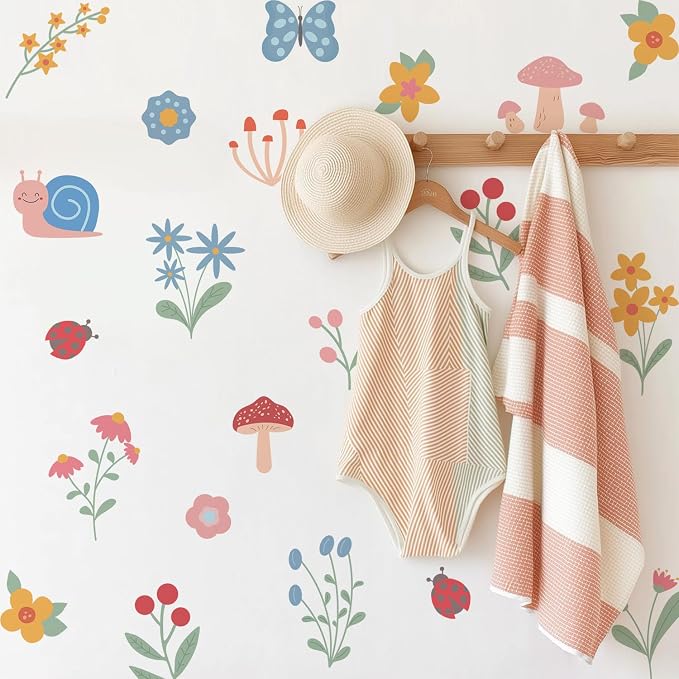 Nursery Floral Wall Stickers Decals Peel and Stick Decor 6 Sheets | Peel & stick, no residue, watercolor, nursery kids room bedroom playroom classroom decor, DIY craft, safe non-toxic material by QUCHENG