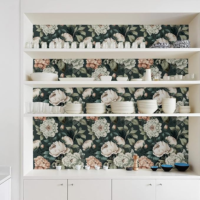 Dark Green White Peonies Vintage Floral Peel and Stick Wallpaper Wall Decor Self Adhesive Wall Paper Stick on Easy Peel Off Contact for Renter Apartment - Image 4