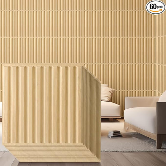 Nuanchu 60 Pcs 3D Wall Panels, 12"x12" PVC Fluted Tiles, Natural Oak | Waterproof Accent Panels, Paintable Wall Tiles, for TV Background, Bedroom, Bathroom, Gaming Room, Cuttable Home DIY Decor by Nuanchu