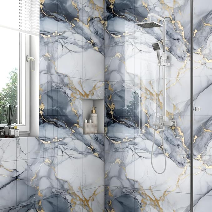 Chejiaye 22pcs Marble Peel and Stick Backsplash Surface Waterproof Wall Panels,Self-Adhesive Marble PVC Foam Wall Panels for Kitchen, Bathroom - 11.8"x11.8" Kitchen Tile(Not Real Tiles,Blue) - Image 2