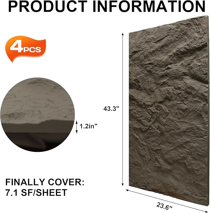 KASARO 3D Faux Stone Wall Panels, 4 Pack PU Wainscoting Grey | Thicker PU panels with realistic cement stone texture for accent walls, home & office decor, easy install, 43.3" x 23.6" - Image 7