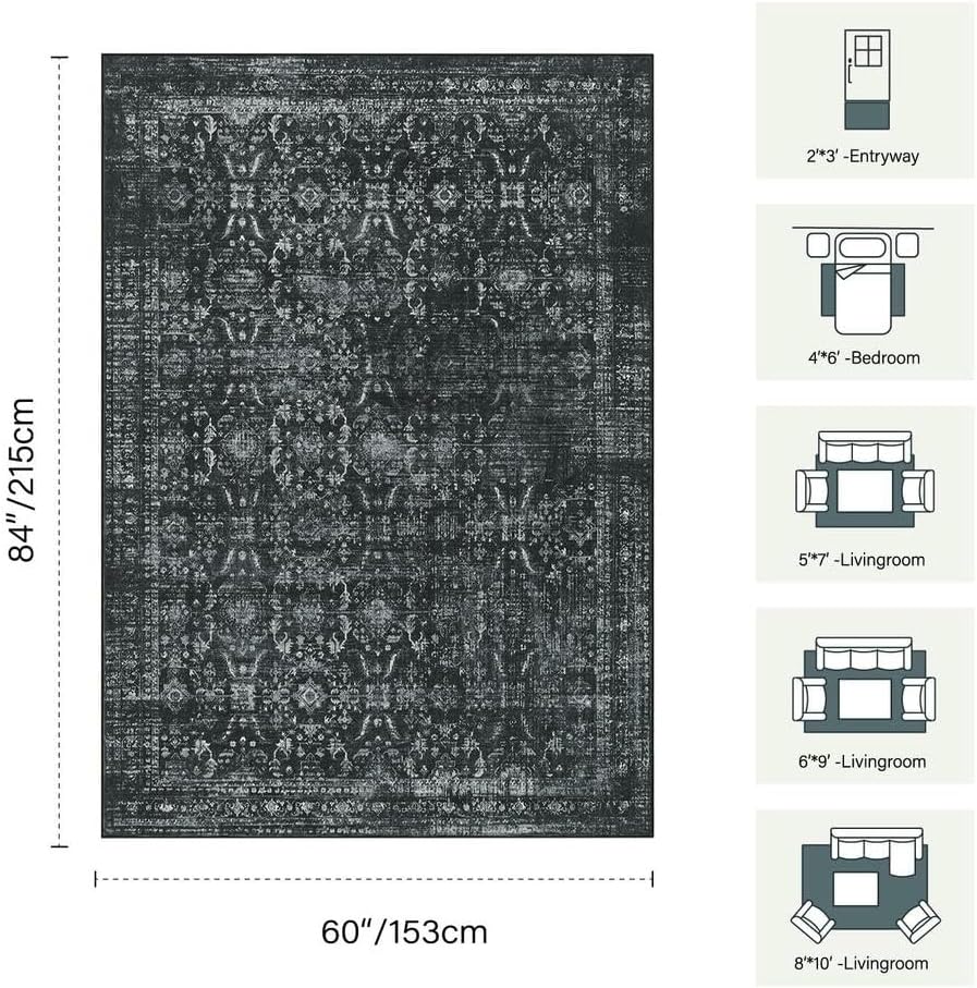 Rugxara Black Rug 5x7 Area Rugs Washable Rug for Living Room Bedroom - Image 2