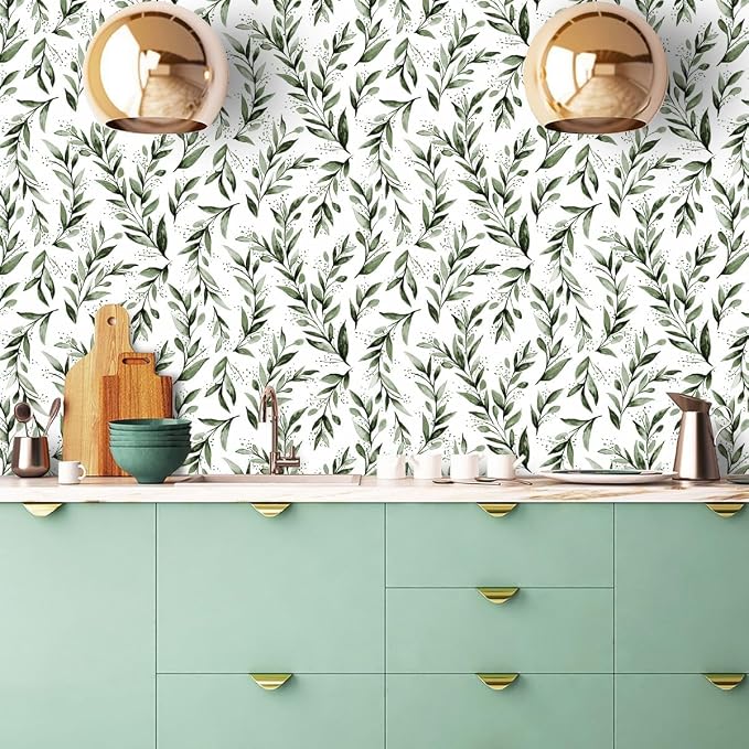 Livebor Leaf Wallpaper Peel and Stick Green Contact Paper17.7” x 196.8” | Sage Green Peel and Stick Wallpaper Adhesive Shelf Liner Wall Paper for Bathroom Neutral Olive Wallpaper Decorative Vinyl - Image 4
