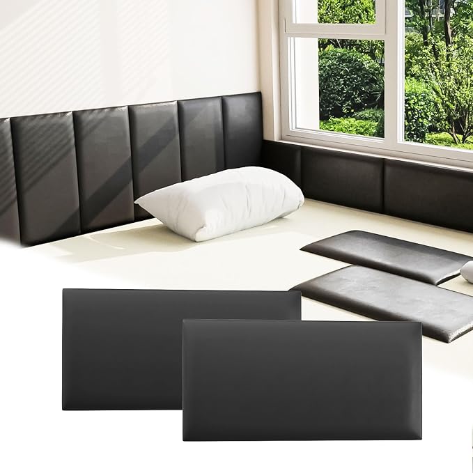 Anti Collision Wall Padding for Kids, Upholstered 3D Wall Panels | 6 Packs 7.8'' x 15.7'' Peel and Stick Headboard, Self Adhesive Wall Pads for Kids, Bedroom, Living Room, Black by Umedol