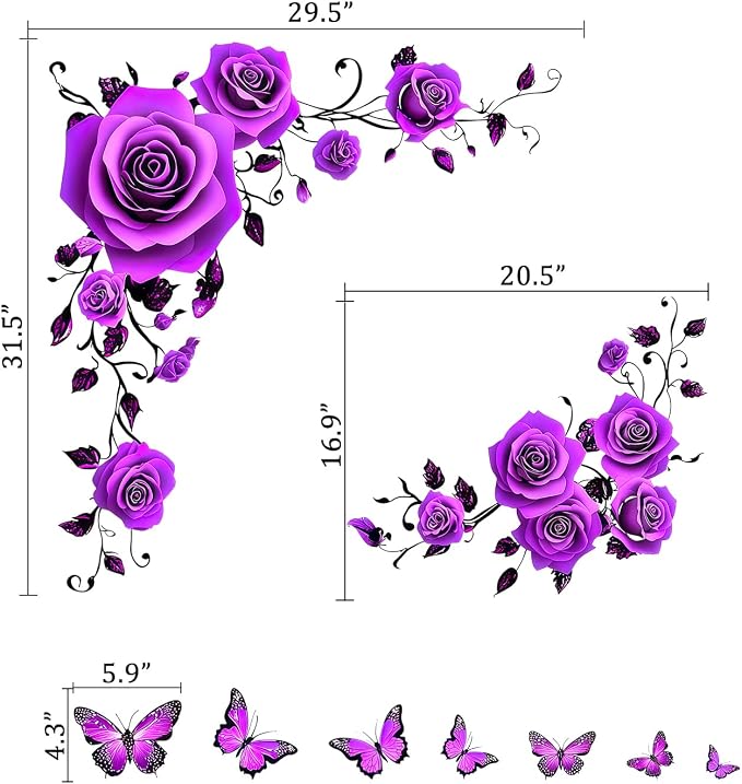 Purple Flower Floral Wall Decals, Butterflies Rose Vines Wall Stickers | Vibrant peel and stick wall decor, removable self‑adhesive vinyl DIY wall art for bedroom living room home wall decoration - Image 2
