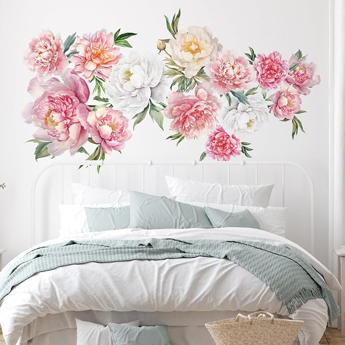 Zonon 6 Pcs Flower Wall Decals Peel and Stick Sticker, Colorful Peony | Vinyl Removable Wall Stickers & Murals, Watercolor Pink Peony Wall Decals, Colorful Floral Decor for Bedroom, Living Room - Image 5