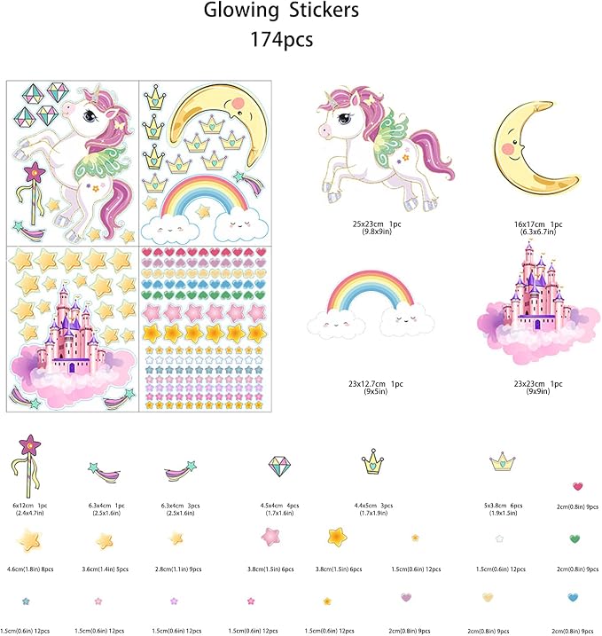 Glow in The Dark Stars and Unicorn Wall Decals, Glowing Castle Moon and Rainbow Stickers, 174 pcs Luminous Ceiling Decor for Kids Bedroom, Great Wall Decor for Girls and Boys Gift - Image 6