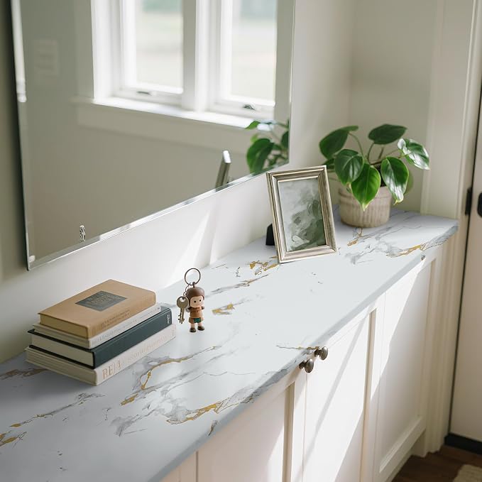 Marble Contact Paper Gold Peel and Stick Wallpaper for Kitchen Countertop | 11.8" x 78.7" Glossy White Granite Removable Wall Paper for Kitchen Countertop Cabinet Furniture - Image 6
