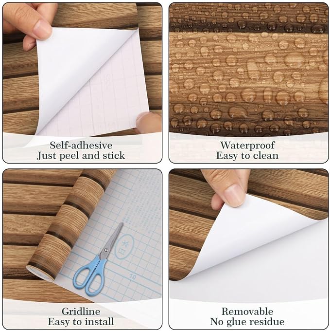 Arthome 17''x240'' Wood Slat Wallpaper, Peel and Stick Self Adhesive Wood Wallpaper PVC Vinyl Decorative Removable Wallpaper Waterproof Faux Wood Grating Stripe Contact Paper for Living Room Bedroom - Image 6