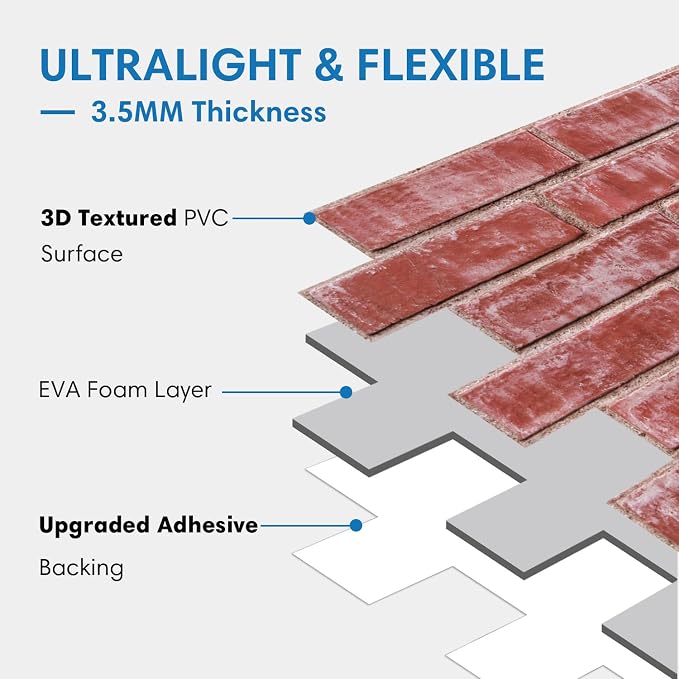 COMSTICKC 3D Peel and Stick Faux Brick Wall Panels for Quick DIY Wall Decor | Red, 10 Pcs 15.7" x 11.8", Not Real Brick, Lightweight Thin PVC Fake Brick Decorative Wall Sticker Covering, Cover 12.9 sq ft - Image 4