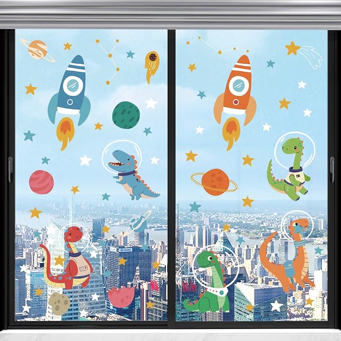 LHIUEM Cute Dinosaurs Astronaut Decal for Nursery,Outerspace Rocket Double Sided Window Clings,Solar System Classroom stickers,Planets Galaxy Gift for Kids Room,Transparent Celestial Stars Wall Decals - Image 3
