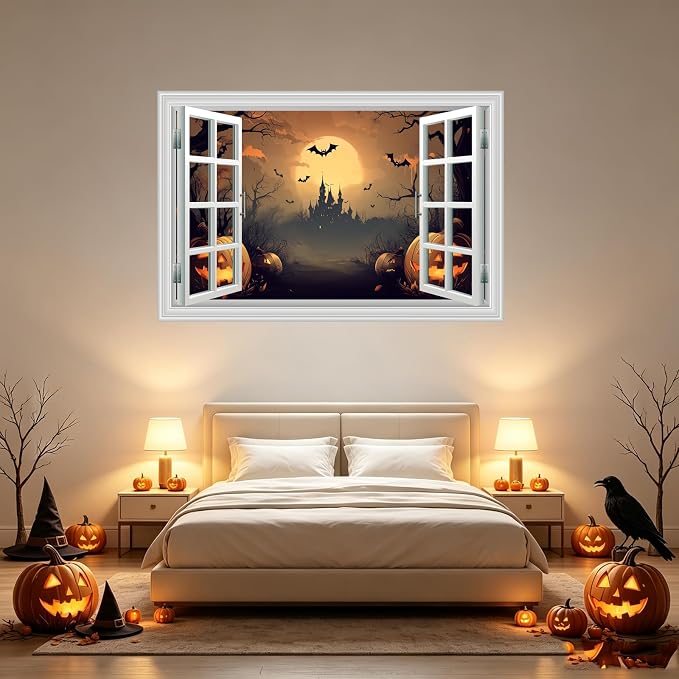 Halloween Decorations Fake Window Wall Decals，Full Moon Night View Terror Castle Pumpkin Bat Spooky Wall Art Poster Sticker Decal ，for Home Halloween Party Scary Scene Decor Peel and Stick 48"x32" - Image 7