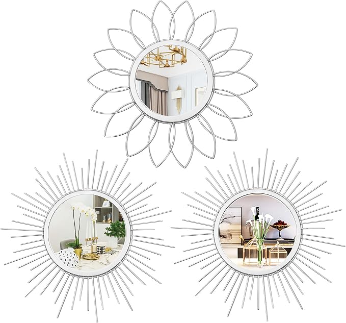 3 Pack Metal Mirrors for Wall Sunburst Wall Mirrors Home Décor Decorative Hanging Wall Art for Living Room Bedroom Entryway (Silver, Flower+Sunburst) by Uaussi