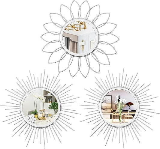 3 Pack Metal Mirrors for Wall Sunburst Wall Mirrors Home Décor Decorative Hanging Wall Art for Living Room Bedroom Entryway (Silver, Flower+Sunburst) by Uaussi