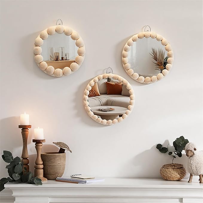 Novabright 3 Pcs Boho Mirror Wall Decor 4.72 Inch Small Round Circle Decorative Mirrors with Wood Bead Hanging Wall Art for Farmhouse Rustic Home Living Room, Bedroom, Bathroom, Entryway - Image 6