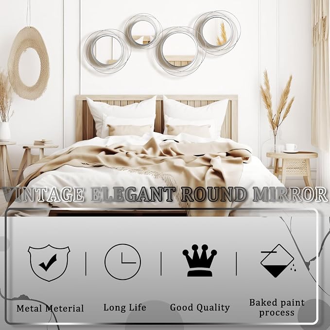 Hicarer 4 Pcs Decorative Wall Mirror Round Modern Mirror Circle Mirror Wall Art Ring Metal Mirror Wall Decor Wall Mounted Mirror for Bedroom Living Room Entryway Dining Room Hallway (Silver) - Image 4