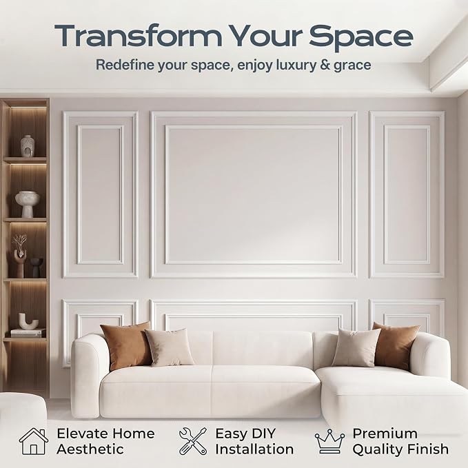 3-Set Peel and Stick Wall Molding Kit, Premade Wainscoting Panels | 31 x 63 in and 63 x 78 in Modern Premade Wainscoting Panel, Wall Decoration Kit for Wall Moulding Decor Accent Molding, White - Image 5