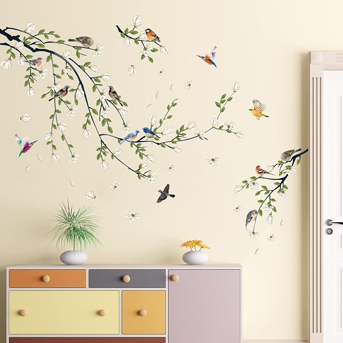 Green Vine Wall Decal White Flowers and Birds on Branch Natural View Wall Sticker DIY Detachable Peel and Stick Wall Art Mural for Living Room Bedroom offcie Home Decor - Image 6