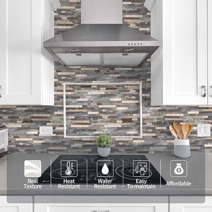 Yipscazo 20 Sheets Peel and Stick Wood Metal Tile Backsplash, Stick on Tiles for Backsplash Kitchen, Bathroom, Laundry Room, Camper, Fireplace (12'' X 12'', Mix Rustic with Gold) - Image 4