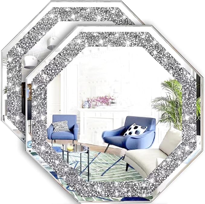 2 Piece Wall Mirrors Octagon, Crush Diamond Mirrors Wall Decor, Silver Decorative Mirrors for Living Room Decor, Bedroom, Bathroom. (12”x12”) by XIHACTY