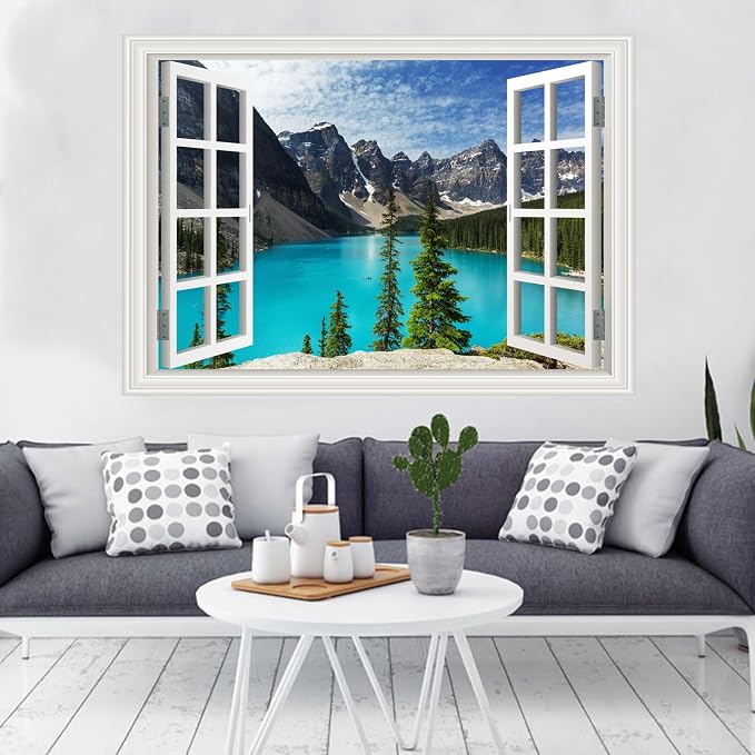Large Murals Fake Window Wall Decal Summer Mountains Lake View Open Sticker | Faux Window Natural Scenery Landscape Mural｜ Stick and Peel Wall Decals｜for Room Bedroom Office Decor｜66"x48" - Image 7