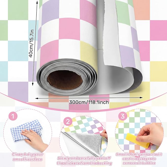 Drydiet Pastel Checker Wallpaper Peel and Stick Contact Paper 15.8 x 118.1 | Self Adhesive, Pastel Rainbow Checkered Design, Easy Apply Remove, for Home Locker Dorm Classroom Living Room Decor - Image 2