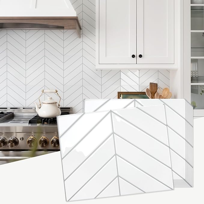 STICKGOO Herringbone Peel and Stick Backsplash, White/Grey Grout, 10 Sheets | 12.6 x 9.7 in, Thicker Rectangular Vinyl Stick-On Wall Tiles, Easy Alignment, Waterproof, Easy to Clean, Kitchen/Bathroom by STICKGOO