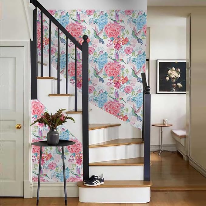 Vintage Pink Hydrangea Floral Hummingbird Birds Flower Peel and Stick Wallpaper Wall Decor Self Adhesive Wall Paper Stick on Easy Peel Off Contact for Renter Apartment - Image 6