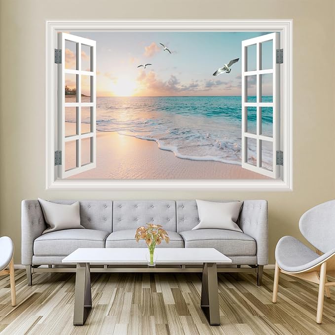 Large Murals 66"x48" Fake Window Wall Decal Summer Beach Seascape Faux Window Sticker Office Poster Picture Art Decor，Stick and Peel Natural Scenery Landscape Coastal Ocean Scene Mural ﻿ - Image 6