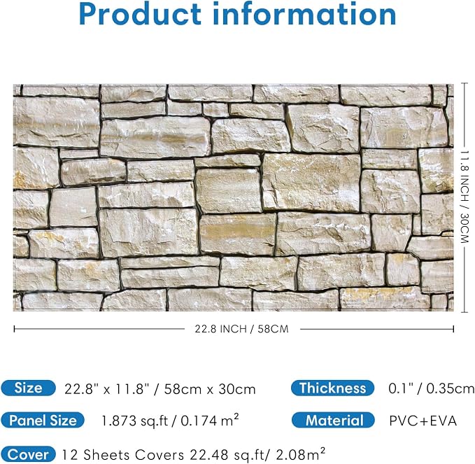 COMSTICKC 3D Peel and Stick Faux Stone Wall Panels for Quick DIY Wall Decor | 12 Pcs 22.8" x 11.8", Not Real Stone, Lightweight Thin PVC Decorative Sticker for Wall Makeover, Cover 22.48 sq ft - Image 5
