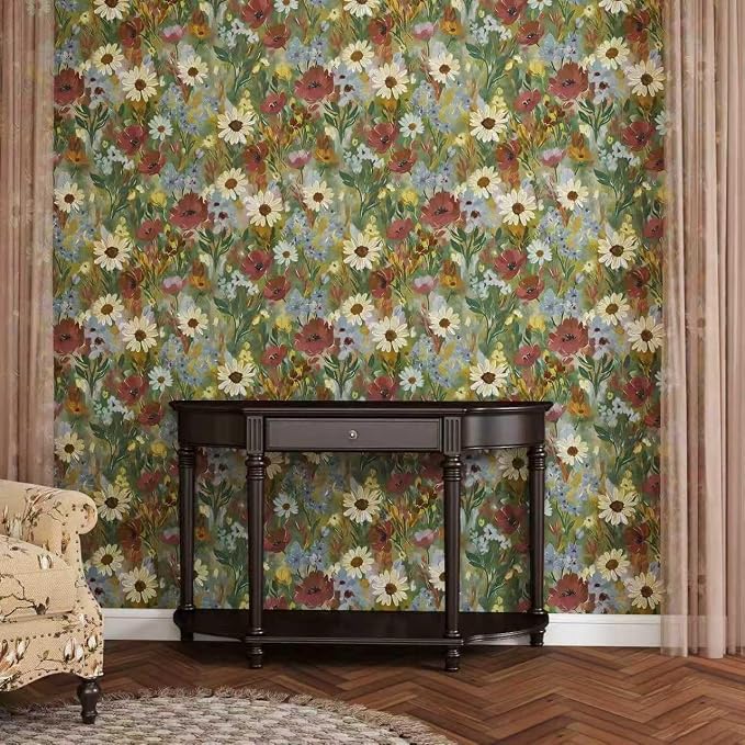 17.7" x 197" Wallpaper Peel and Stick Floral Wall Paper Removable Waterproof Vintage Floral Contact Paper for Bedroom, Bathroom,Bathroom, Home Wall - Image 3