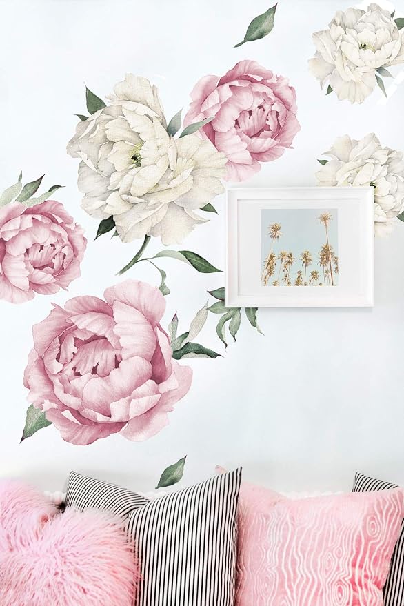 Peony Watercolor Wall Decals (Pink and White Watercolor) - Spring Decor Flowers Decals for Wall - Botanical Bedroom Sticker Girls - Floral Peonies Pink Botanical Stickers Bedroom Nursery w/test Sample - Image 2