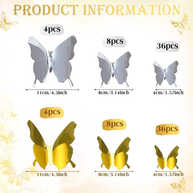 BBTO 48 Pcs 3D Butterfly Mirror Wall Decor,Gold,Silver | Butterfly Stickers,3 Sizes,for Birthday Party Cake,Room Nursery Bathroom Wall Decor,Removable Peel Stick,Reflective - Image 6