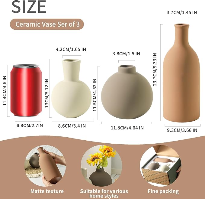 Vase Set of 3 | Ceramic Neutral Vases Home Decor | Rustic Flower Pottery Vases Modern Farmhouse Vase for Table Entryway Mantel Centerpiece Bookshelf Living Room Bathroom Bedroom -Brown Large - Image 2